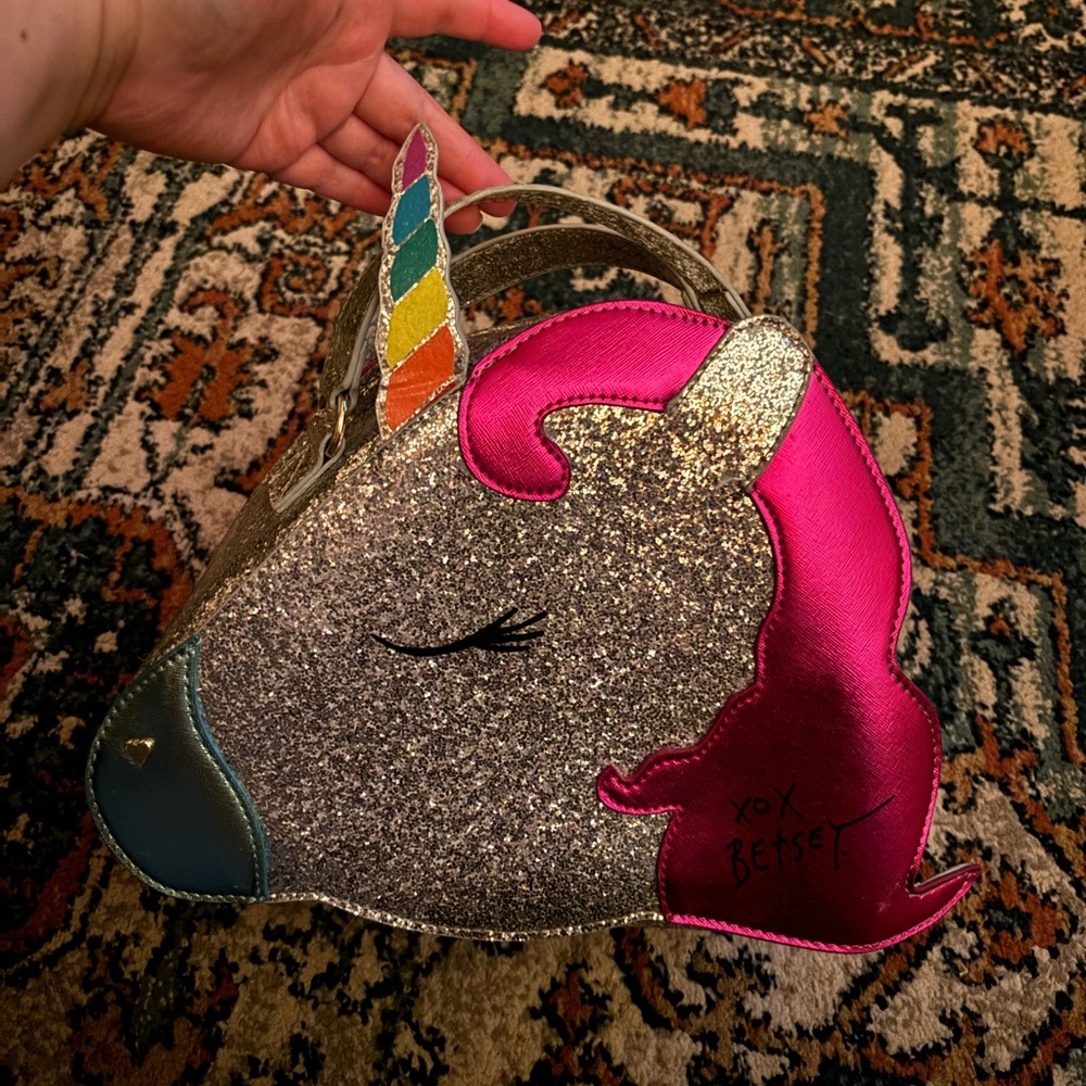 Betsey Johnson Lunch Box Tote Insulated Unicorn Glitter Silver Crossbody 11x8x5